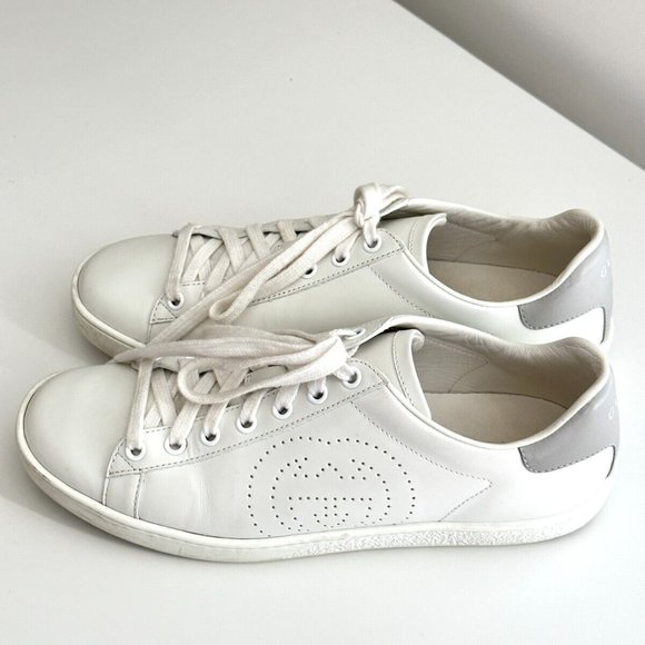 ✨Gucci✨ Ace Perforated Interlocking GG Logo (U.S Women Women\'s GUCCI Ace Perforated Interlocking GG Leather Sneakers in White US 7.5